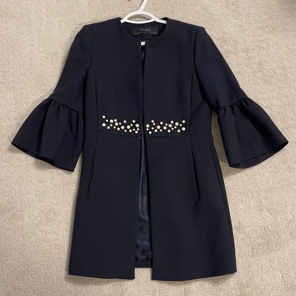 Dark Navy Peplum Sleeve Suit Jacket with Pearls